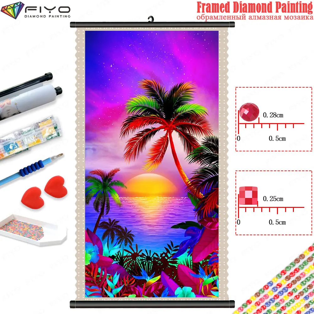 Framed Diamond Painting Colorful Seaside Landscape 5d DIY Diamond Mosaic Scenic Art with Scroll Frame Picture Home Decor quadros