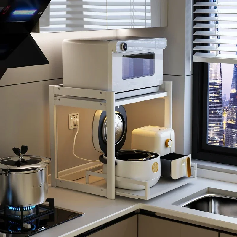 

Kitchen, microwave oven rack, countertop, rice cooker, oven rack, integrated pull-out stove, storage rack above