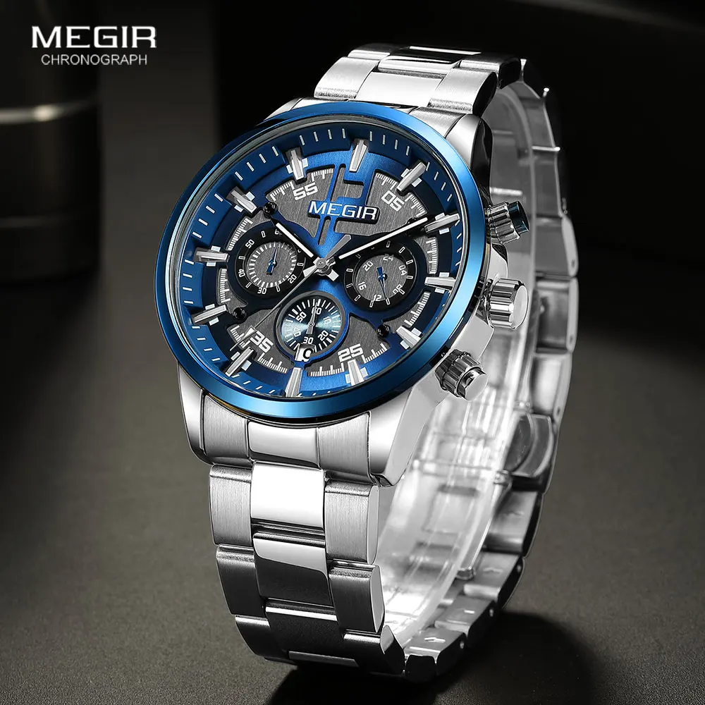 MEGIR Silver Blue Stainless Steel Quartz Watch for Men Fashion Chronograph  Analog Dress Wristwatch with Date Luminous Hands