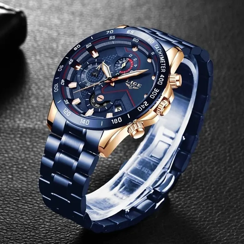 LIGE New Fashion Watches Men Stainless Steel Top Brand Luxury Sports Chronograph Quartz Watch Men Clock Man Relogio Masculino