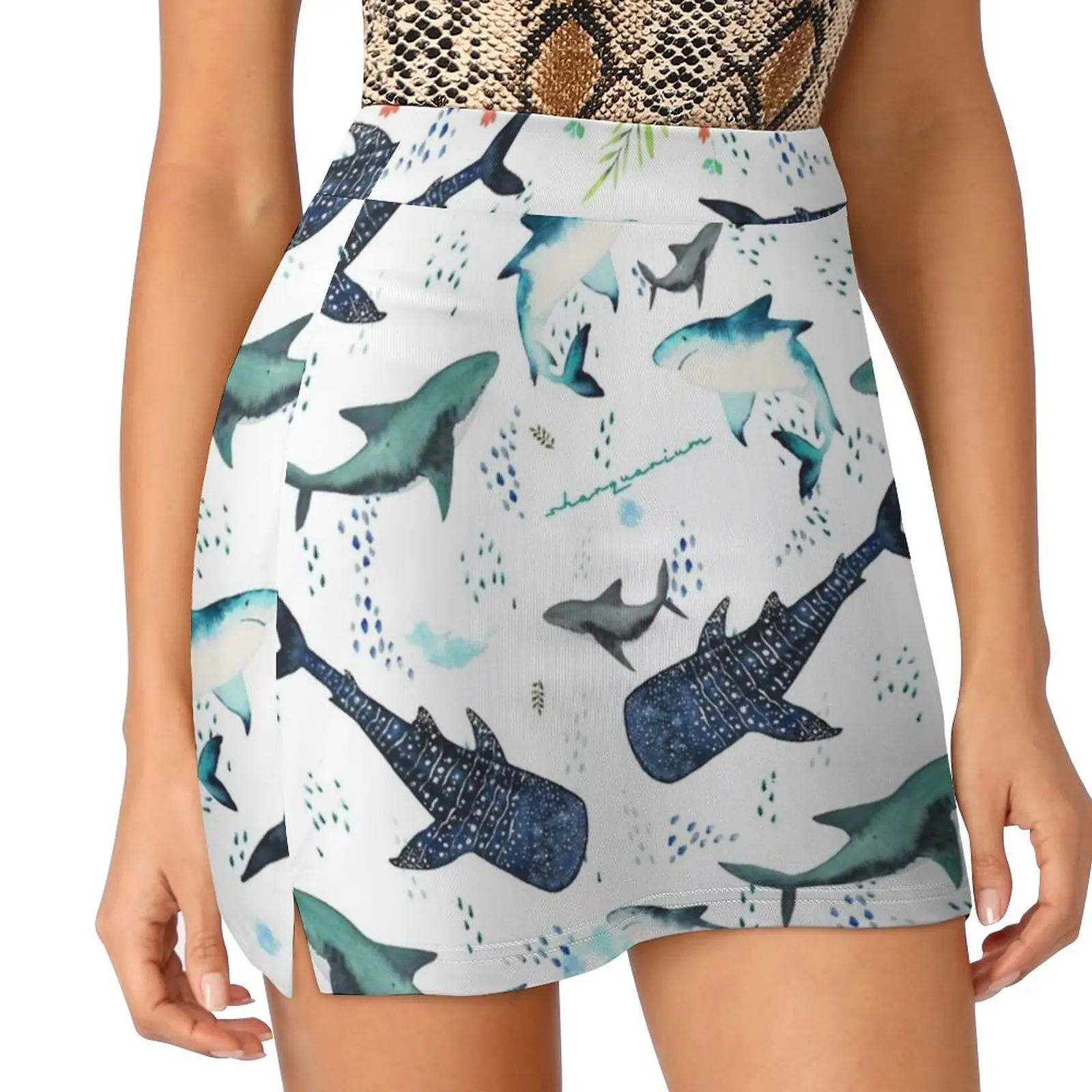 Floral Shark Pattern Women's skirt Mini Skirts A Line Skirt With Hide Pocket Shark Sharks Whaleshark Great White Shark Jaws