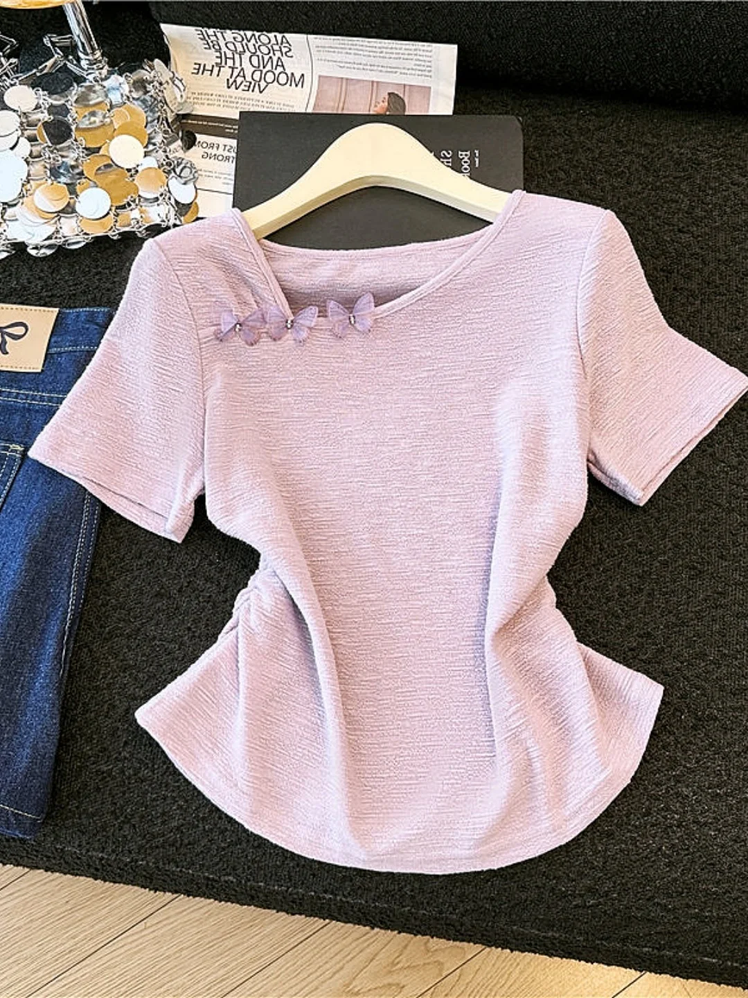 

Purple Asymmetrical Short Sleeve T-Shirt Women's Summer 2026 New Design Slimming Top Short Length Daily Wear Polyester Fiber