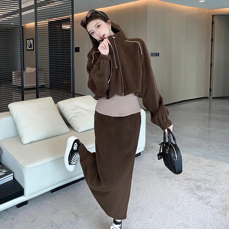 

Autumn And Winter Korean Casual Style Edition New Fashion Set Stand Collar Zipper Sweater Skirt Slimming Two Piece Sets