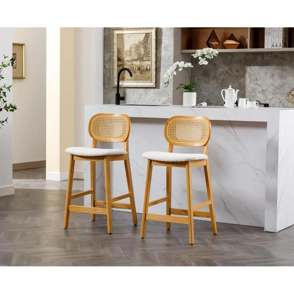كراسي بار من الروطان مكونة من 4 قطع مع ظهر قصب، منجد لجزيرة المطبخ، بوهو شيربا، 26 ارتفاع مضاد #5
