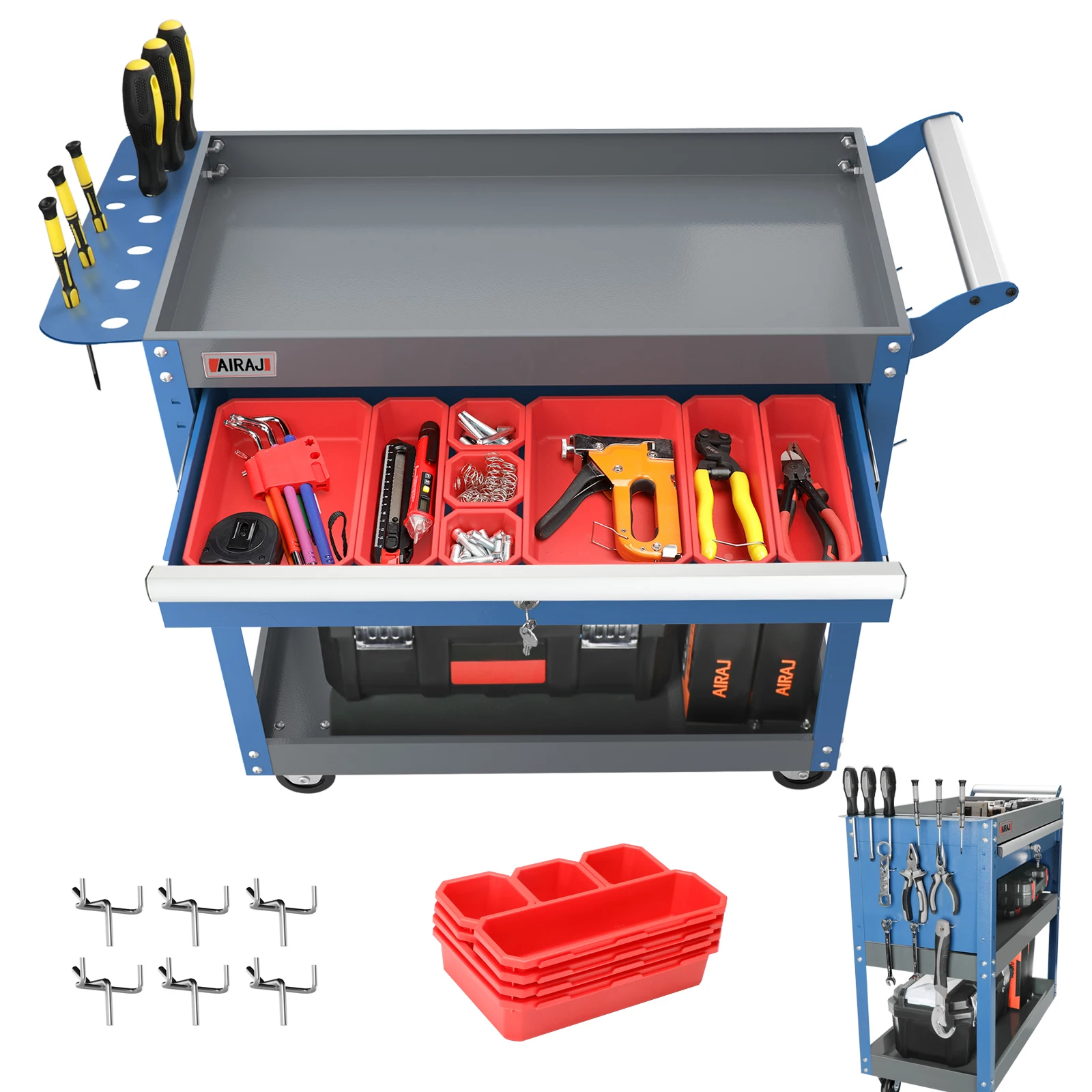 AIRAJ 3-Tier Tool Trolley with 8 Compartments for Storage of Tools, with Hooks, Handles, Locked Drawers