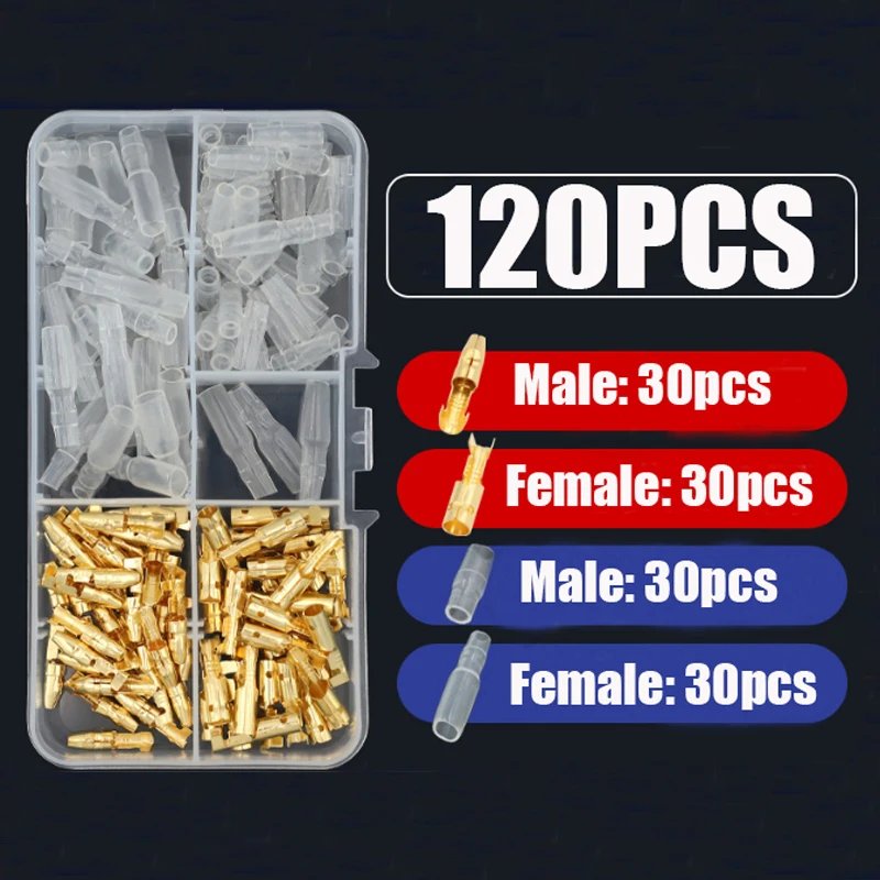 120pcs 3.5mm Bullet Connectors Plug Crimp Female Spade Terminals Male Clear Insulating Sleeve Cover Protection Wire for Car