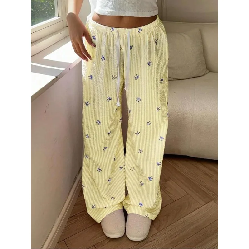 

Plus Size Women New Sweet Bow Striped Pants Casual Loose Elastic Waist Wide Leg Drawstring Long Trousers ﻿