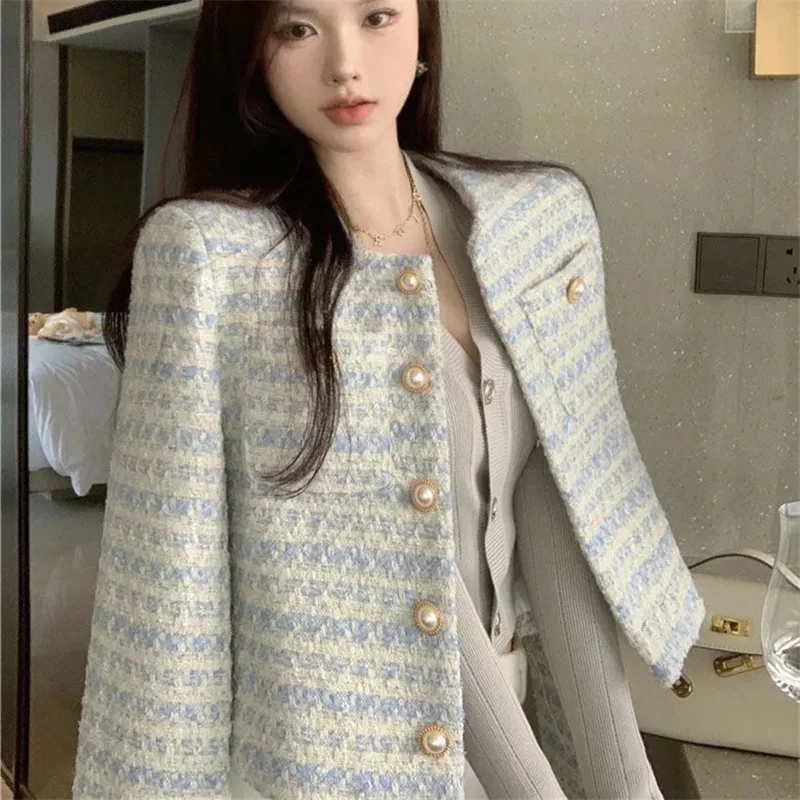 Elegant Fashion Stripe Long Sleeve Cardigan Women Fall Winter Temperament Pocket Pearl Button Clothes Korean Version Casual Tops