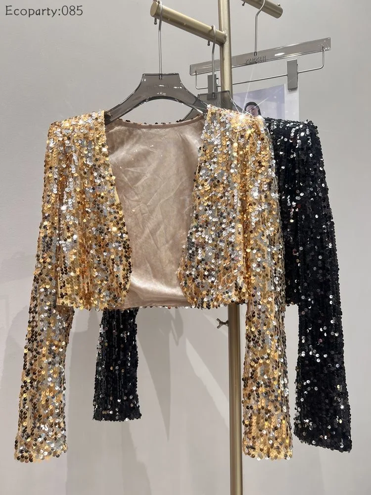 Women’s Short blazer Heavy Industry Sequined Temperament Cardigan Lady Short Sparkling Typhoon Jacket Stage Performance Costumes