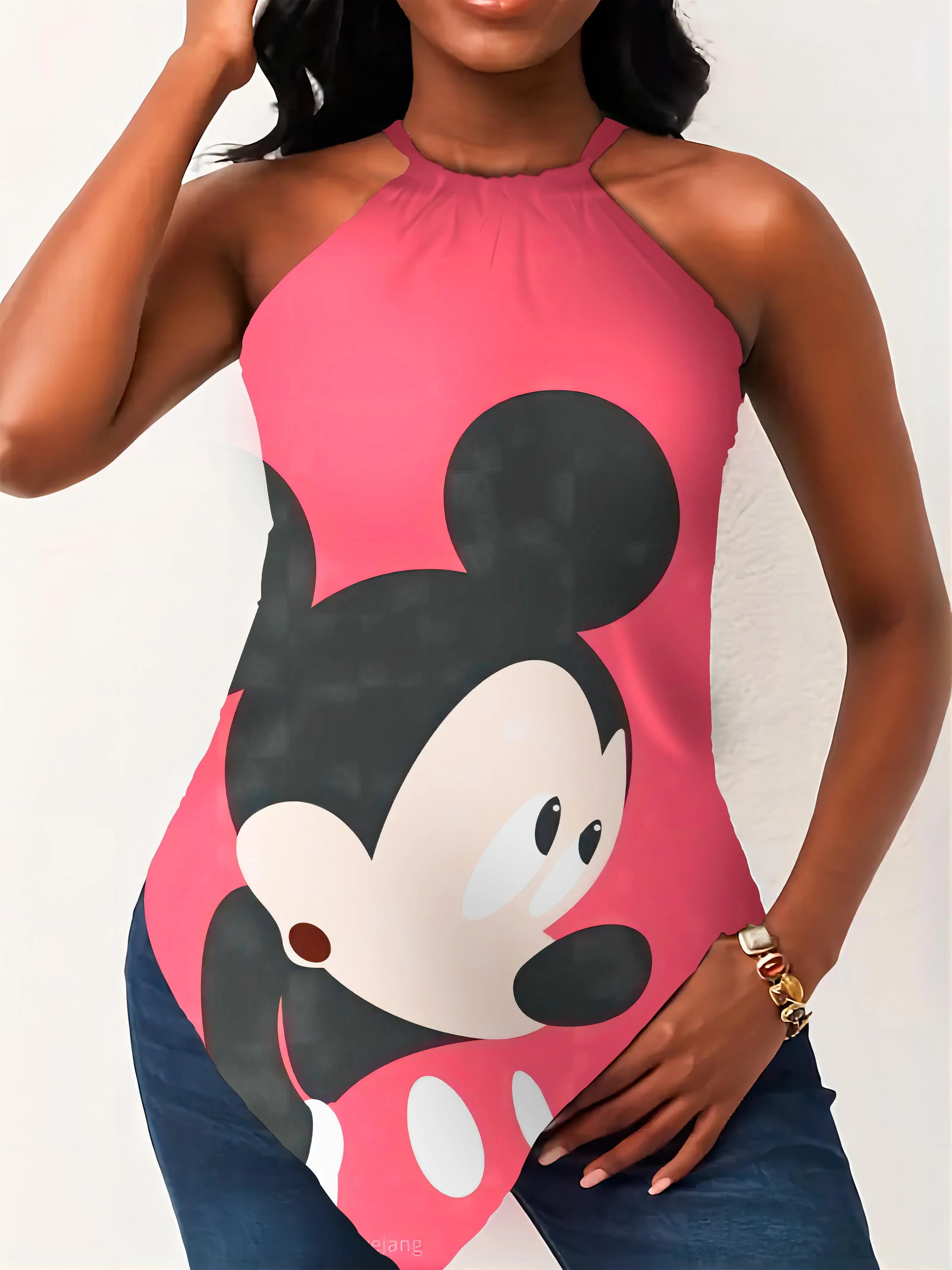 T-shirts Woman Summer 2024 Women's Sumer Clothes Crew Neck Y2k Disney Mickey Top Halter Hanky Hem Sleeveless T-shirt Top Disney