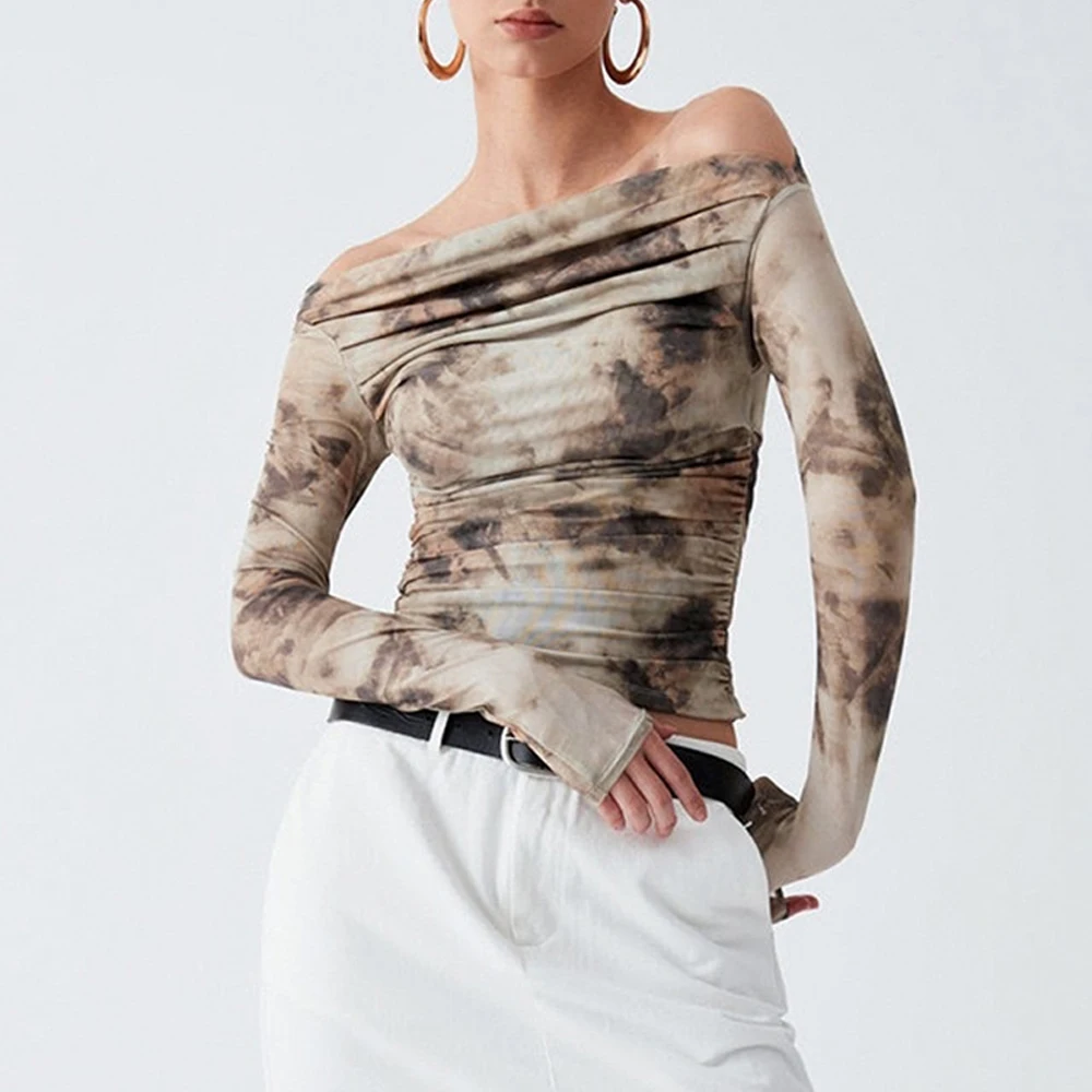 

Женская облегающая укороченная футболка с 3D принтом, весенний сексуальный плиссированный топ в европейском и американском стиле в стиле ретро