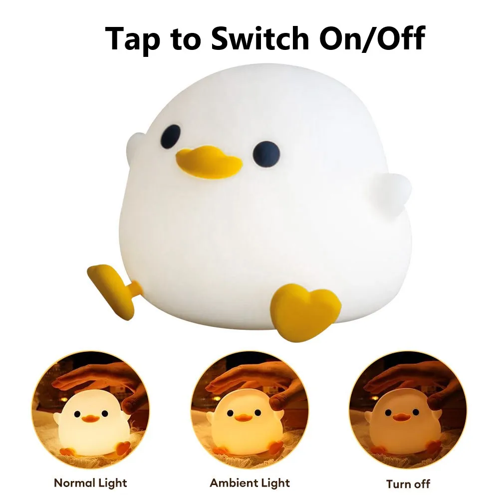 Imagem -03 - Led Night Light Bonito Pato Desenhos Animados Silicone Nursery Night Light Usb Recarregável Cabeceira Lâmpada Touch Sensor Timing Lamp