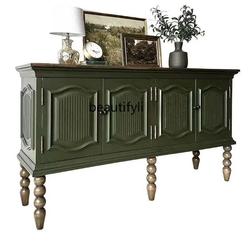 

French contrasting solid wood sideboard living room wall integrated storage cabinet American retro restaurant storage cabinet