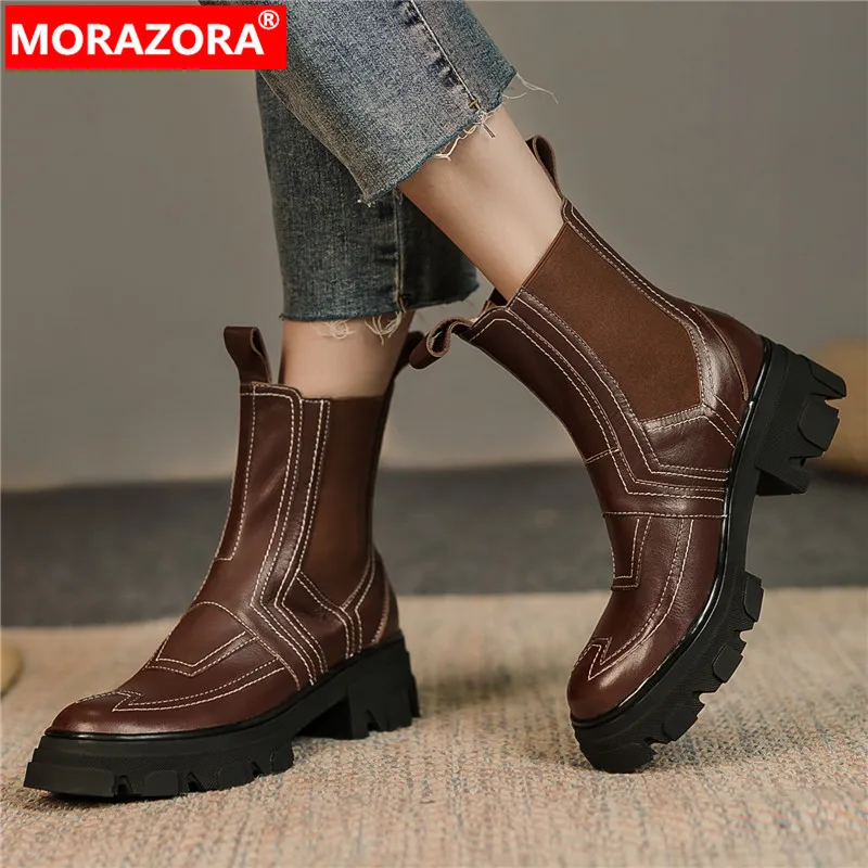 

MORAZORA 2024 New Slip On Genuine Leather Chelsea Boots Vintage Female Platform Winter Boots Square Med Heels Ankle Boots