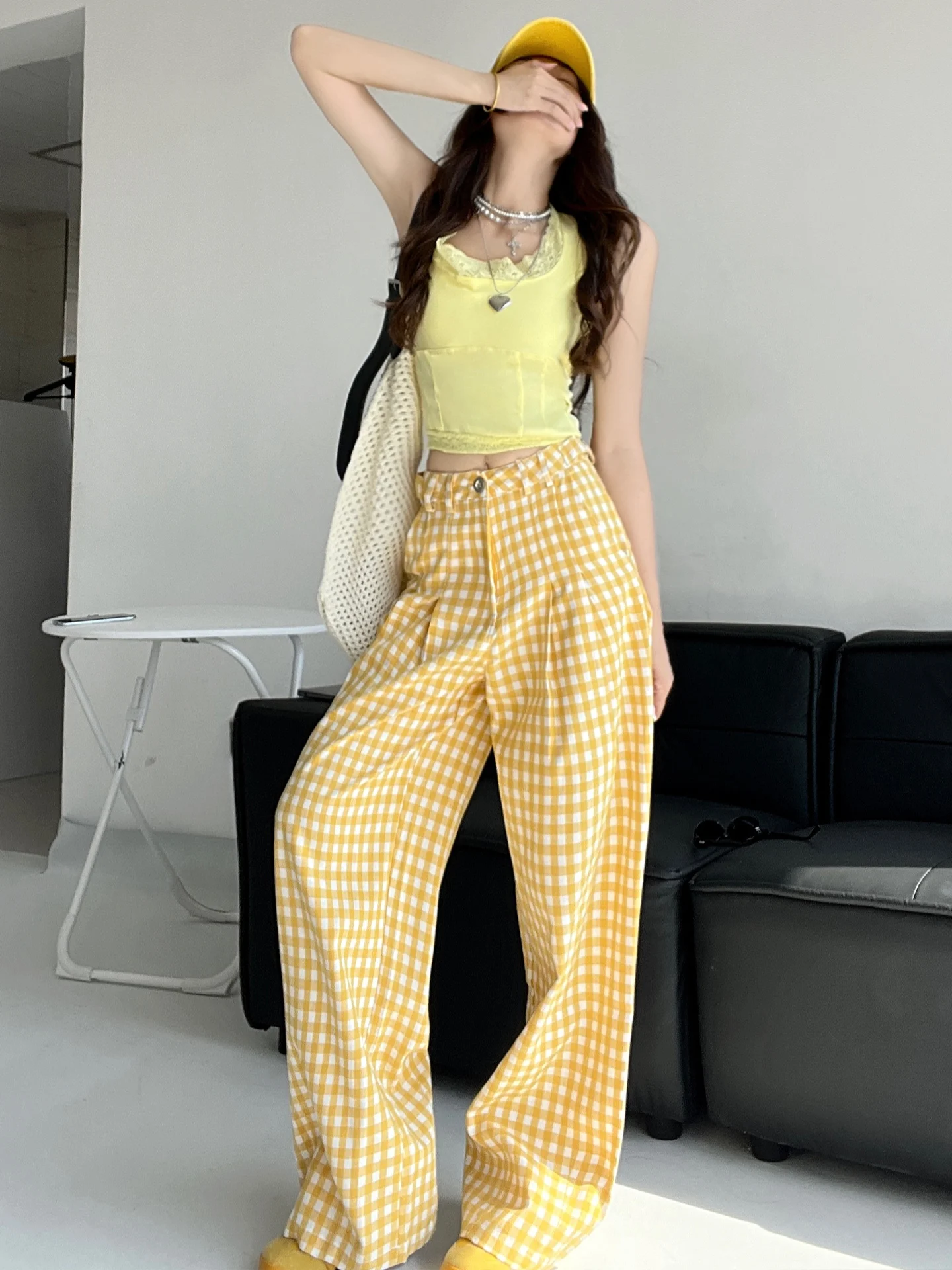 

Женские летние повседневные брюки American Sle с высокой талией, желтые, широкие, в клетку, прямого кроя, свободные, универсальные