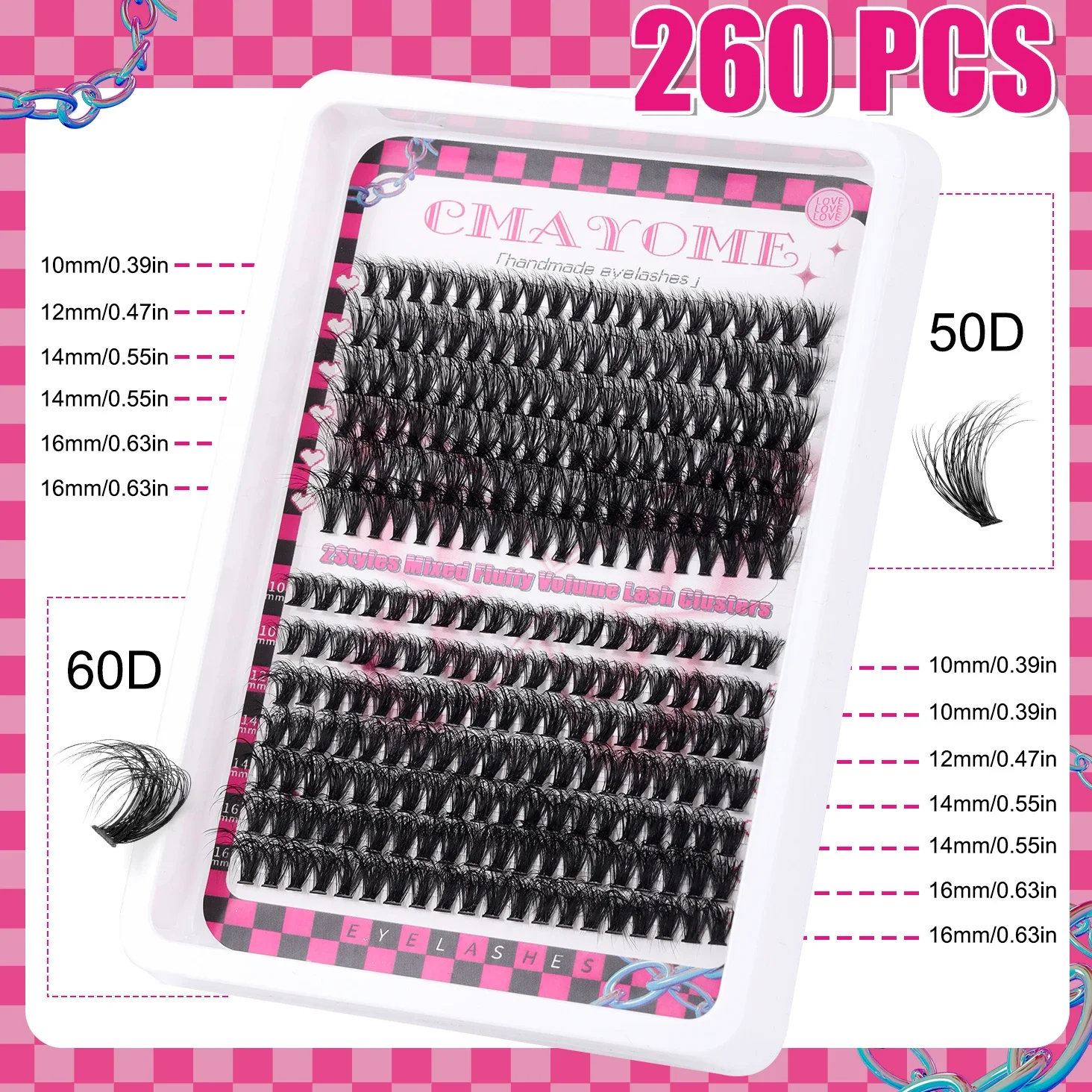 260 Pcs Individual Lashes Clusters Kit 30D-80D DIY Eyelash Extension Wispy Fluffy Lash False Eyelashes  Set Bond and Remover