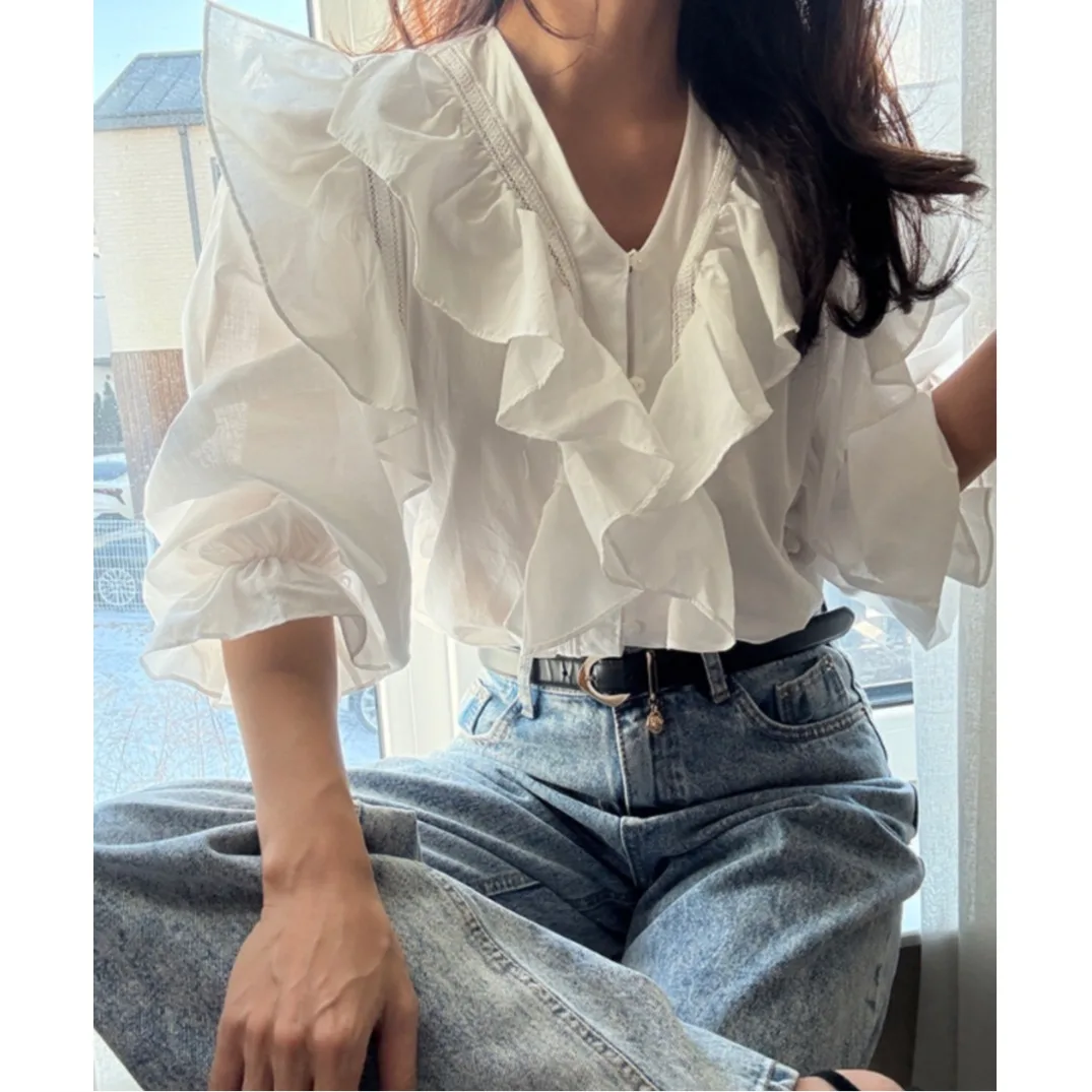 

Стильная женская блузка с длинным рукавом и V-образным вырезом в корейском стиле, весна 2026, универсальная, с цветочным принтом, дышащая, комфортная посадка