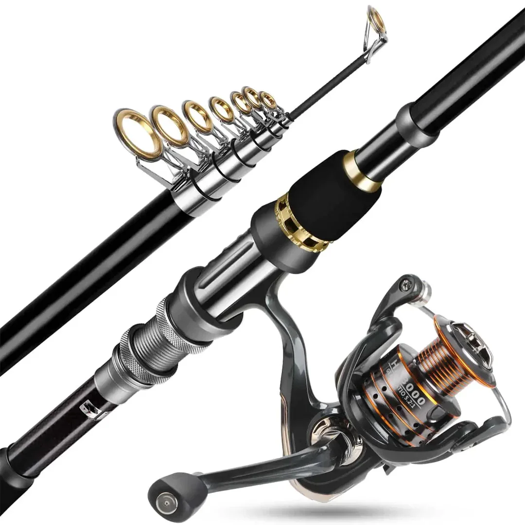 PLUSINNO Telescopic Fishing Rod and Reel Combos Full Kit, II Carbon Fiber Fishing Pole12 +1 Shielded Bearings Stainless Steel BB