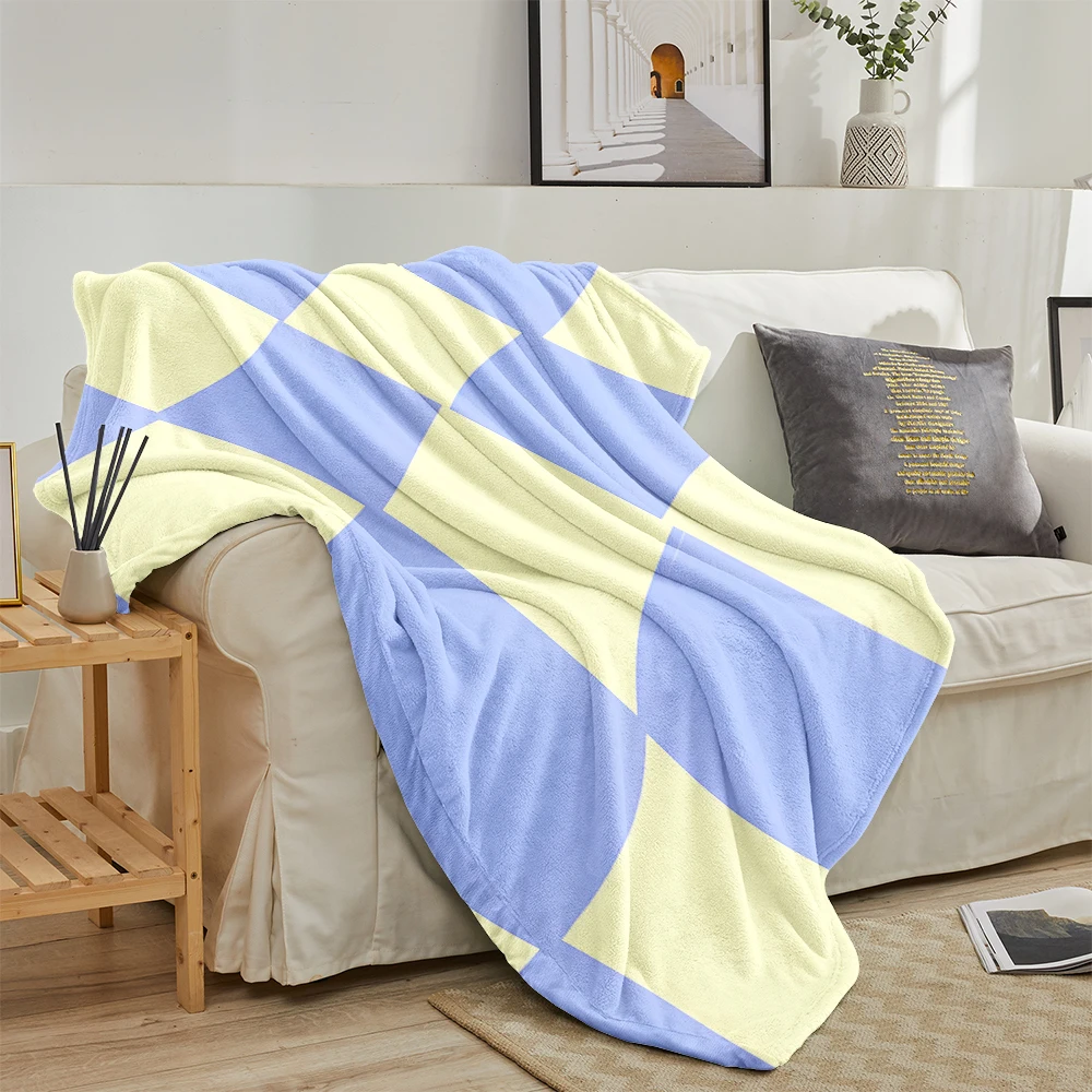 Blue Yellow Wavy Checker Lightweight Flannel Blanket Breathable Cozy Throw Blanket for Spring Summer Sofa Bed Air Conditioning