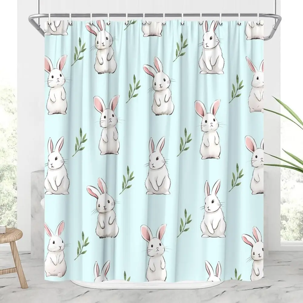 Rabbit Shower Curtain for Bathroom Easter Bunny Farm Animals Rustic Plants Green Leaves Cute Cartoon Wildlife Bathroom Decor