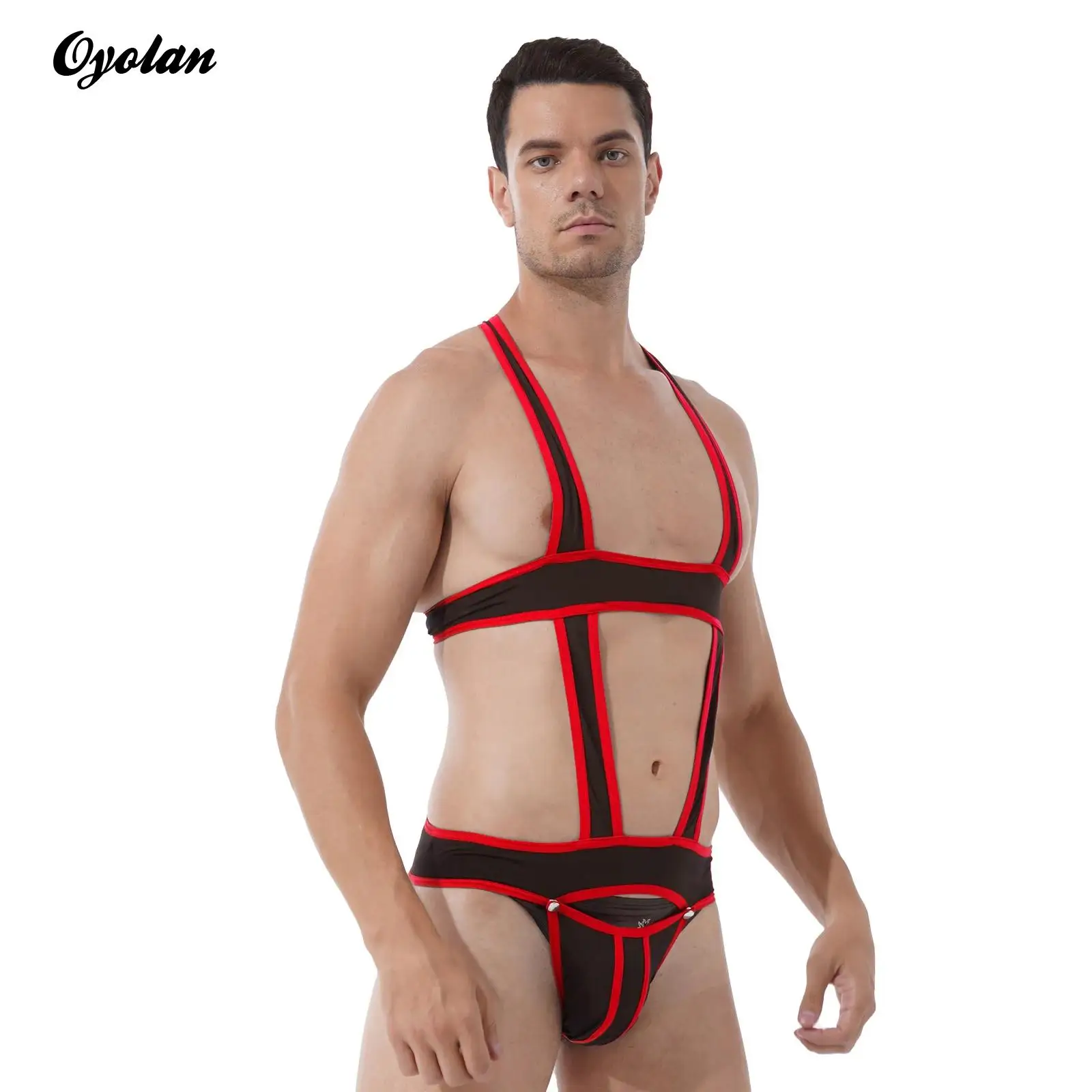 

Mens Wrestling Singlet Body Thong Open Body Jumpsuits Hollow Out One-piece Jockstrap Leotard Contrast Color Bulge Pouch Bodysuit