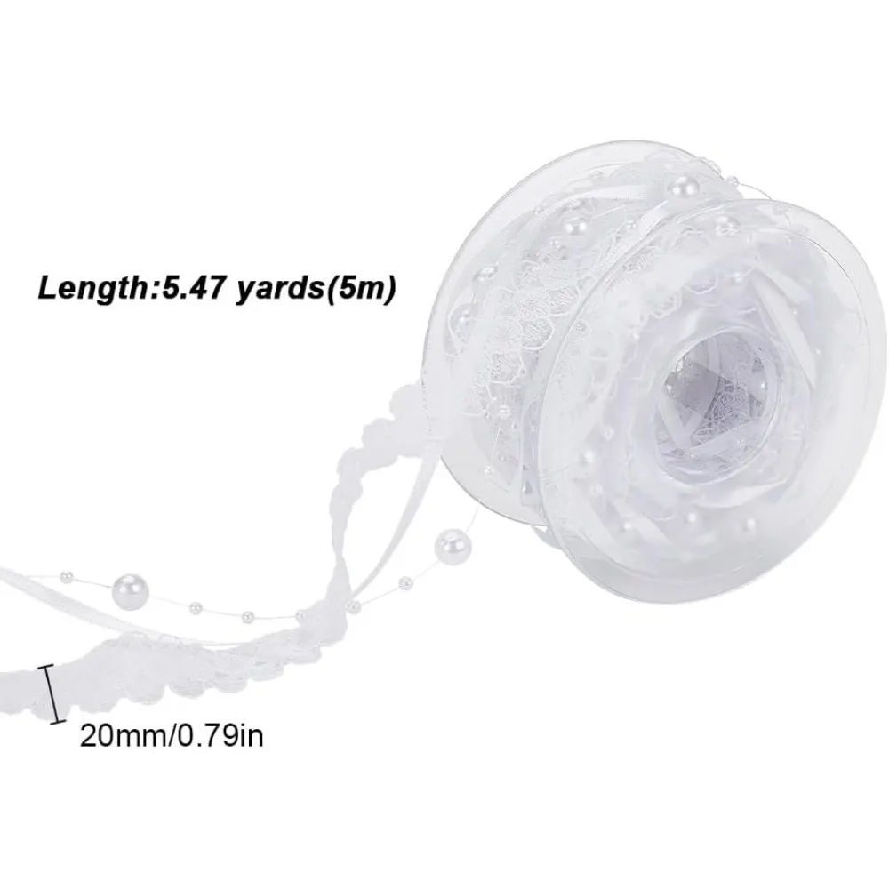 1 Roll Polyester Flower Lace Trims with Imitation Pearl Beads Trimming for Clothing Decoration White 3/4 inch(20mm)