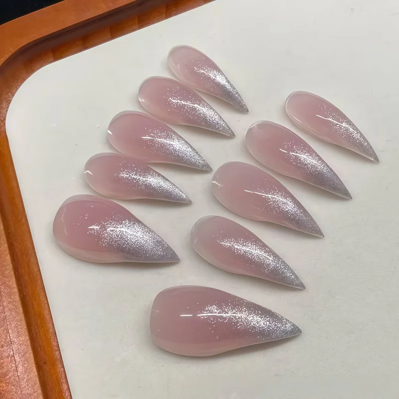 New 10PCS of semi-transparent gel blush pink dagger-style fake nails, glittery powder with gradient tips, elongated fake nails