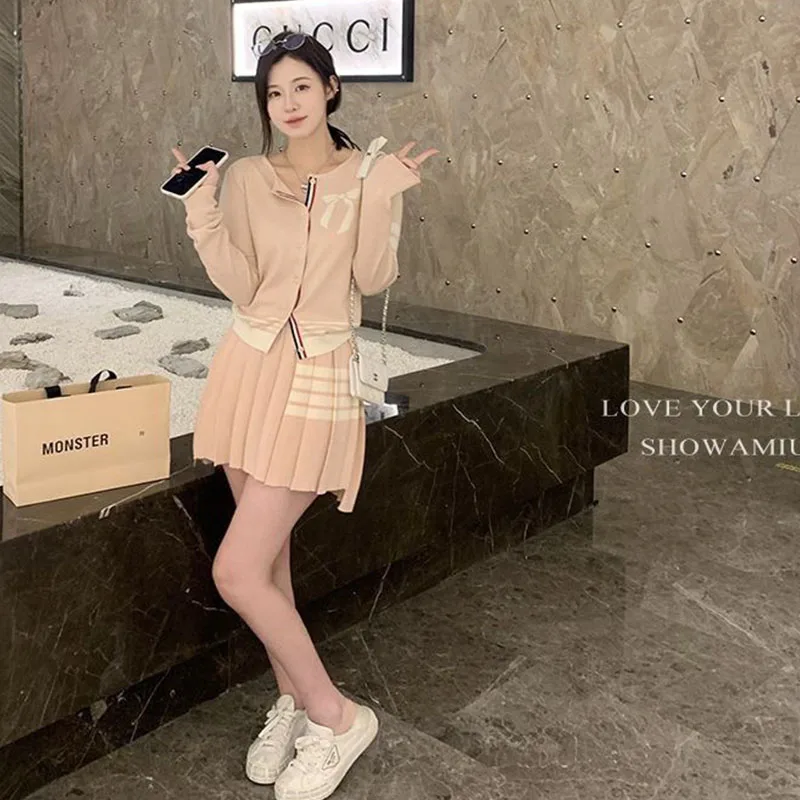 Korean College Style Short Skirt Set Knitted Cardigan Jacket+versatile Design Pleated Skirt Half Skirt Two-piece Set for Women