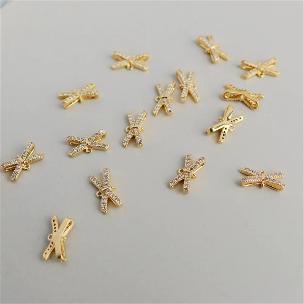 1pcs 6x12mm 14K Gold-coated Color Inlaid Zircon Double Hanging Bow Pendant, Handmade Accessories