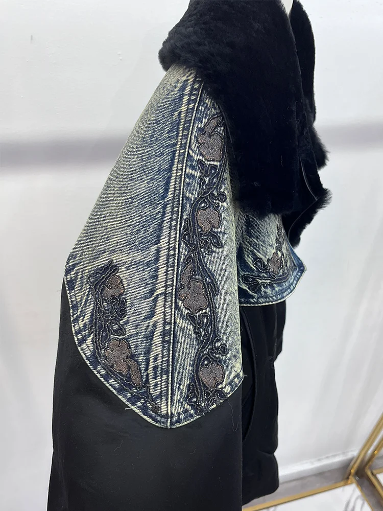 شتاء 2025 النساء أسفل معاطف ميرينو الأغنام الفراء طوق فضفاض عادية أوزة أسفل الإناث أسفل سترة التطريز سترة منفوخة