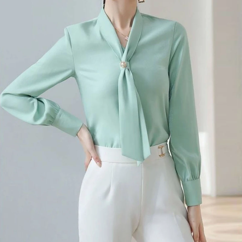 Green White Korean Elegant Office Lady Shirt Spring Autumn Women Bow Chic Temperament Long Sleeve Loose Blouse Tops Blusas Mujer