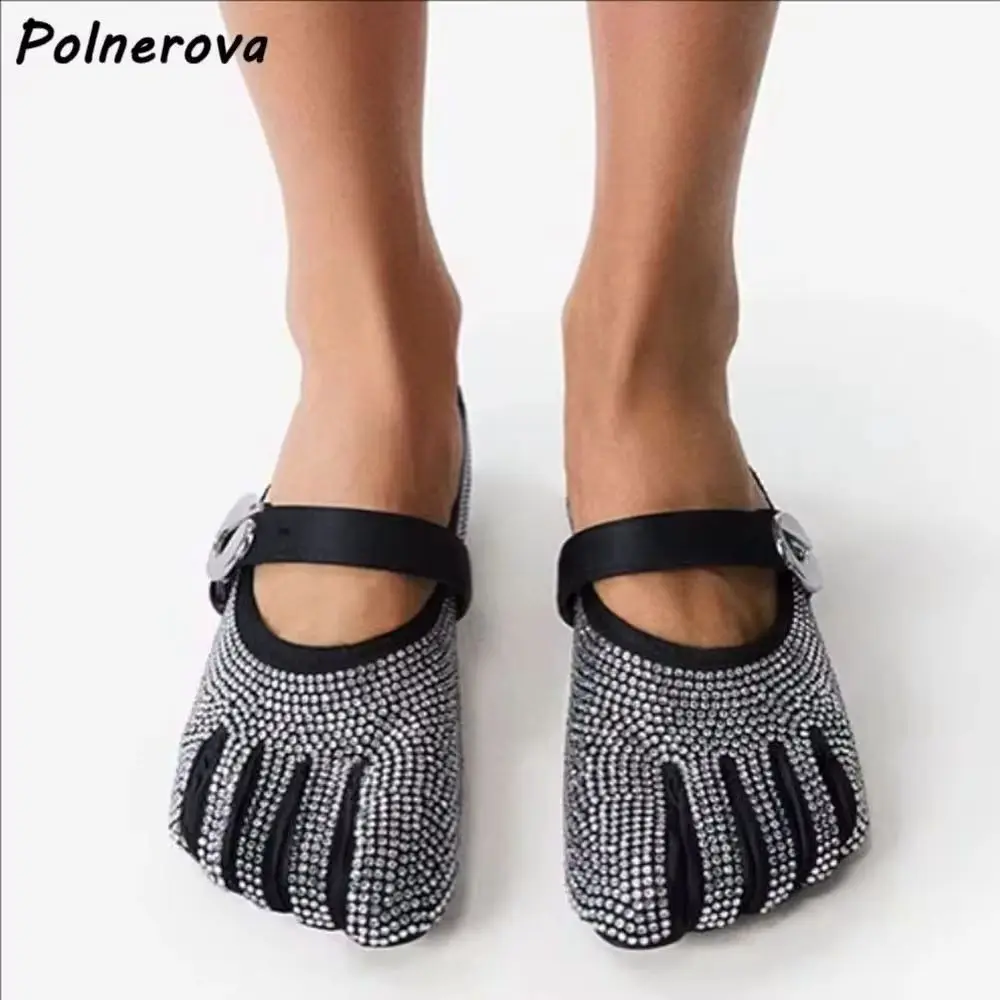 Rhinestone Five Finger Pumps Black Shallow Straight Strap Buckle Crystal Fashion Bling Shoes Women's Chic Design Shoes 2025
