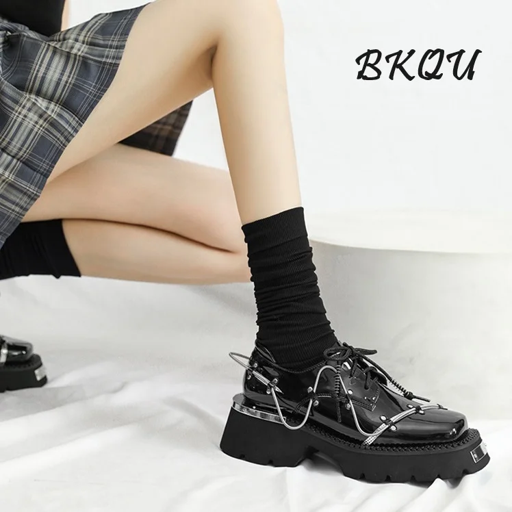 BKQU 2024 New Punk Heavy Soled Sweet Cool Biker Ankle Boots Metal Trim with Thin Ribbon Winding Platform Heels Trend Rivets