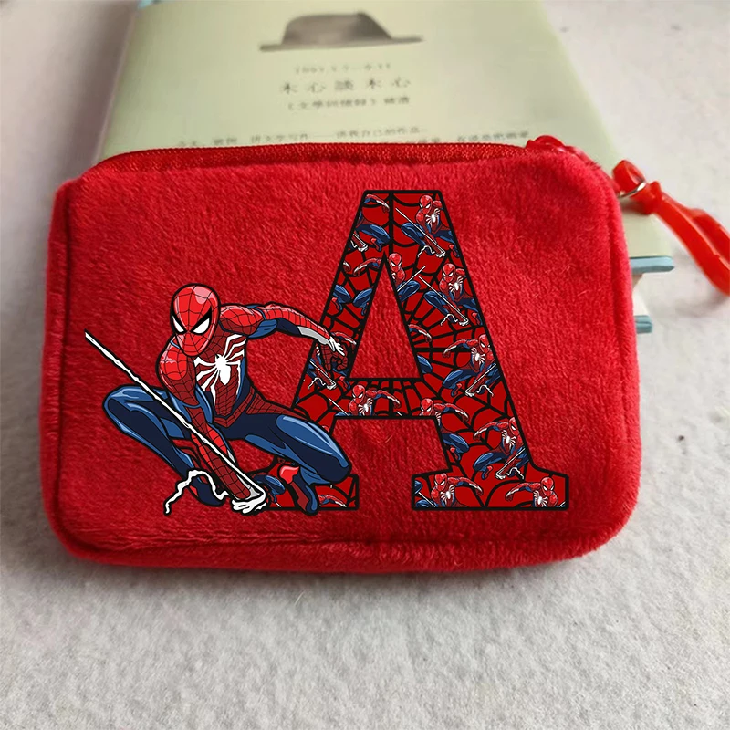 Marvels SpiderMans Kids Plush Coin Purse Boys Kawaii 26 Letter Printed Wallet Kids Portable Mini Storage Bag Child Birthday Gift