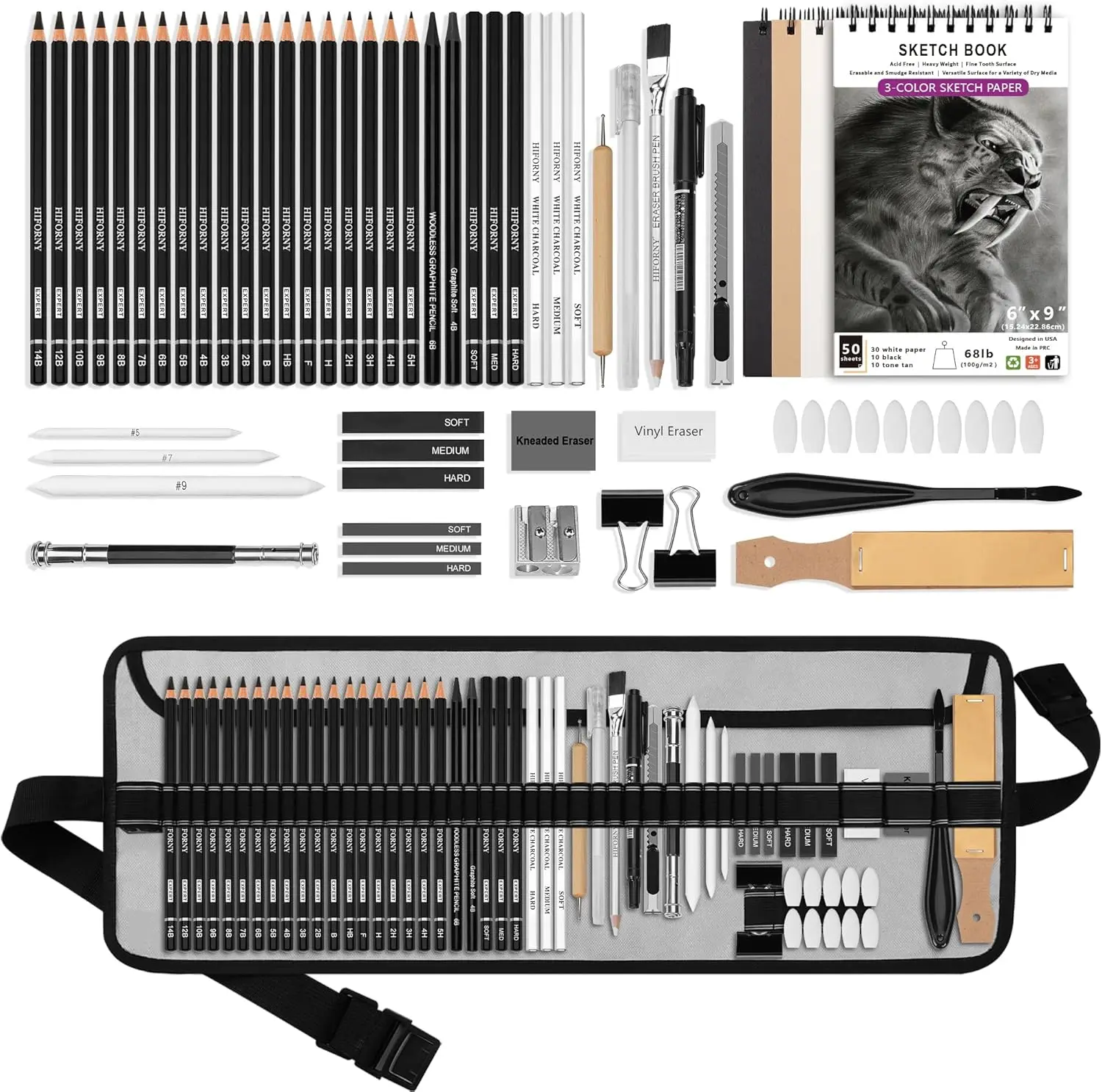

60Pcs Drawing Kit Sketching Pencil Set,Sketch Pencils Art Supplies with 3-Color Sketchbook,Graphite,Charcoal,Drawing Pencils
