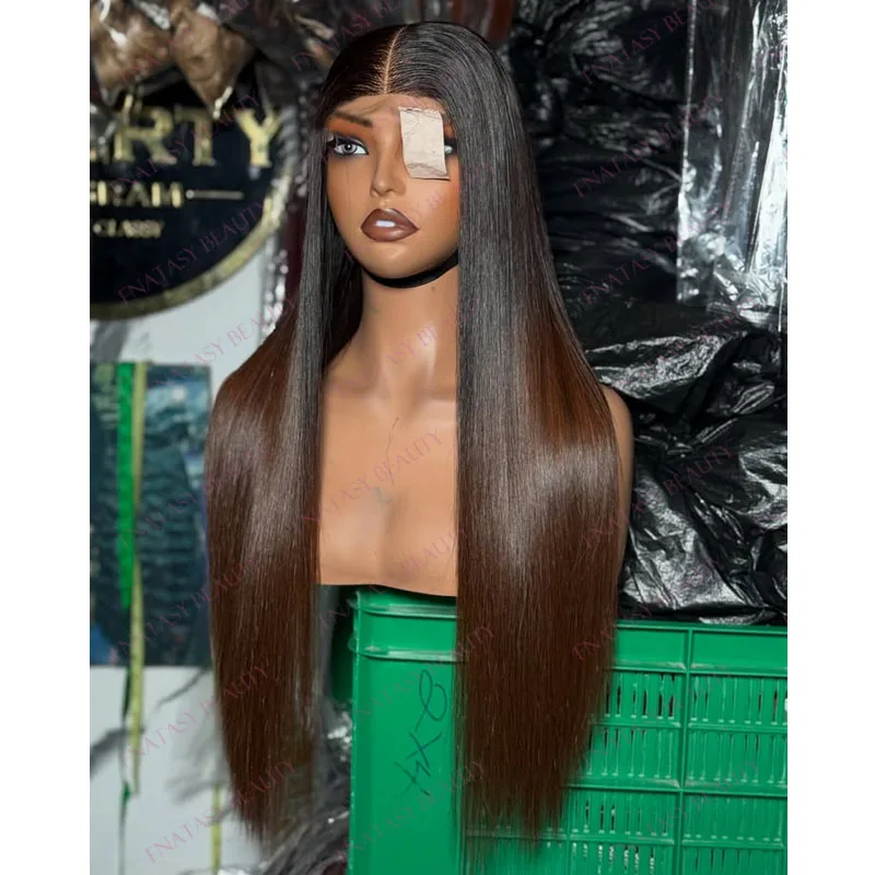 Long 28Inch Remy Human Hair Ombre Dark Brown Silky Straight 13x6 Lace Front Deep Part Wigs for Black Women Glueless Cheap Wigs