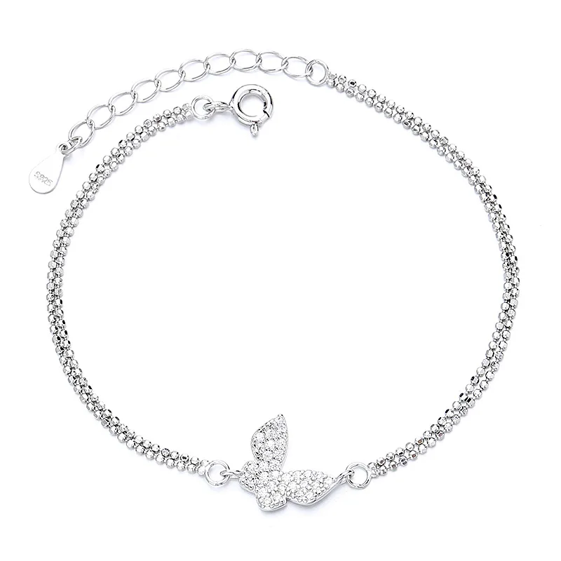 

925 Sterling Silver Double-Layer Female Korean Version Ins Sweet Butterfly Diamond Bracelet Fine Bangle Cold Wind Temperament