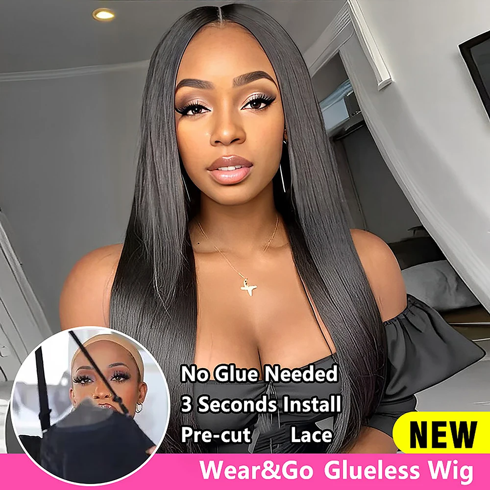 

Wear and Go Glueless Wigs Human Hair Pre Plucked Pre Cut Straight Hair 7x5 Lace front Human Hair Wig for Black Women 180 Density