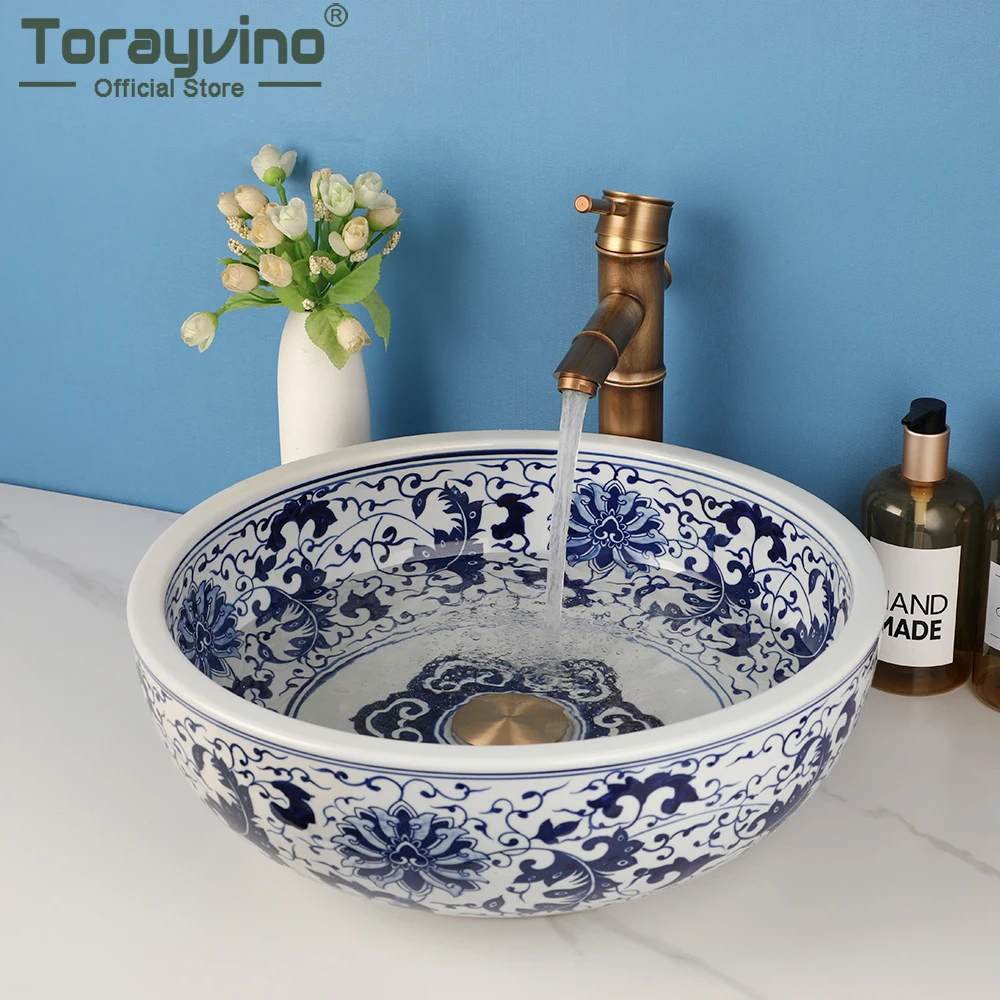 Torayvino Round Bathroom Ceramic Lavatory Bath Blue and White Porcelain Mixer Washbasin Vessel Sink Faucets Set W/ Pop-up Drain