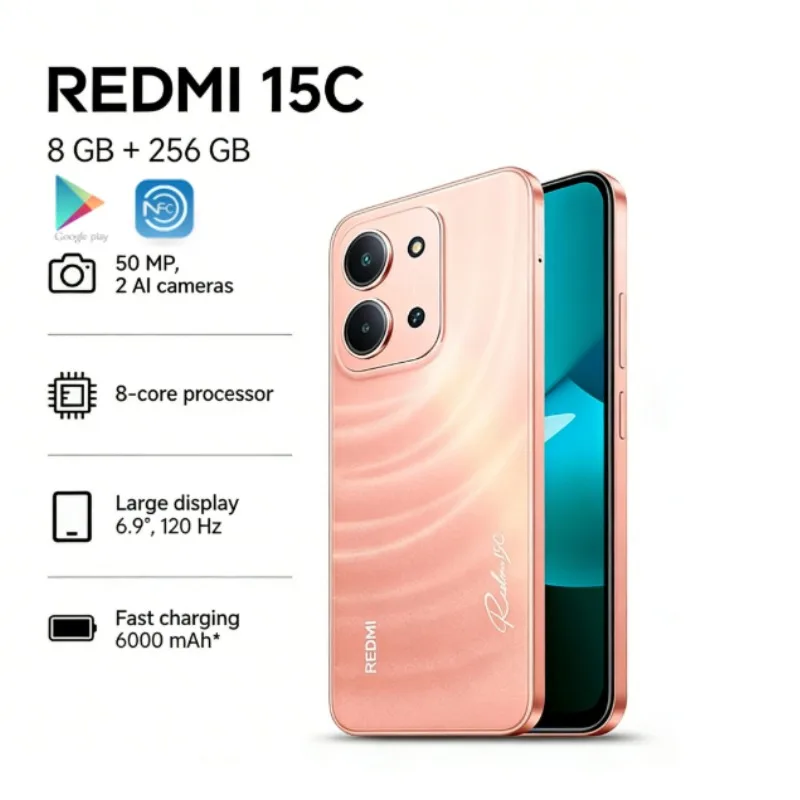 2026 new The Redmi 15C 5G 8GB+256GB 2026 Global Edition smartphone features a high-capacity 6000mAh battery