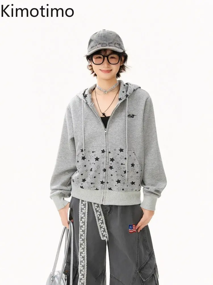 

Kimotimo Gray Star Printed Hoodie Women Harajuku Fashion Loose Zipper Coats Top Korean Casual Versatile Y2k Aesthetic Sweatshirt