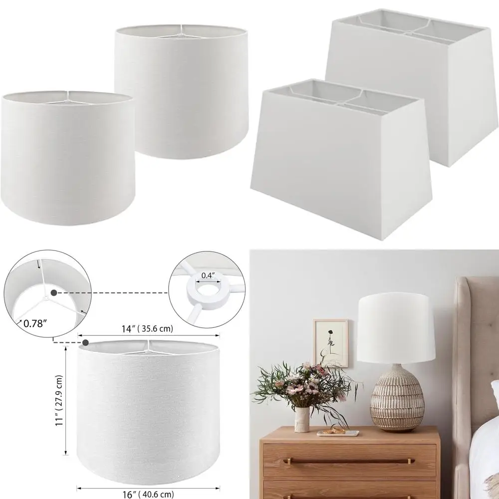 

White Linen Drum Table Lamp Shades Set, 14 Top x 16 Bottom x 11 High, Spider Fitting, Replacement for Table Lamps