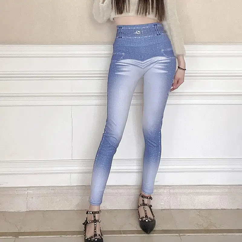 Pantalon de sexe à entrejambe ouvert pour femme, leggings en faux denim, mince, grande taille, taille haute, imprimé fjcommisted, pantalon court skinny