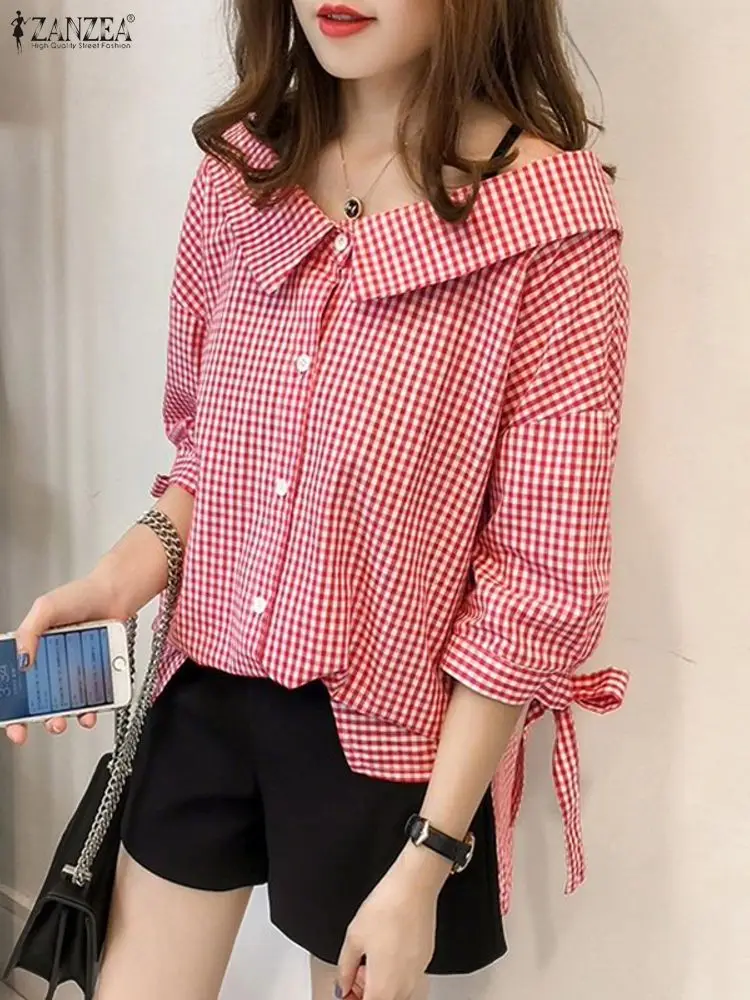 ZANZEA Camicia a quadri scozzese autunnale Camicetta da donna Trend 2025 Elegante manica a 3/4 Camicette da lavoro per ufficio Bottoni casual Top Bow Blusas