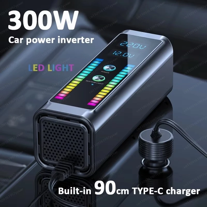 300W Car Power Inverter 12V/24V to 220V - Multi-Purpose Vehicle Converter with Dual USB Ports & 90cm Retractable Charging Cable