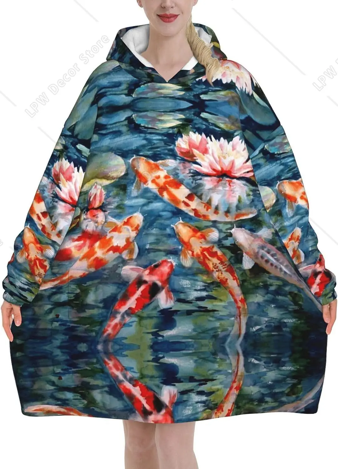 Fish Print Blanket Hoodies For Women & Men Adult Teen Wearable Hooded Sweatshirt With Pocket