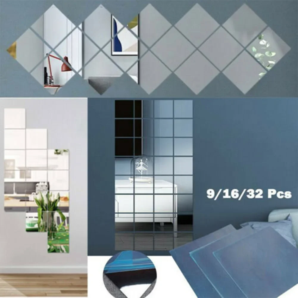 Decals Mirror Stickers Glass Home Mosaic Set Silver Square Tiles Toilet 15*15cm Wall 15CM Acrylic Bath Durable