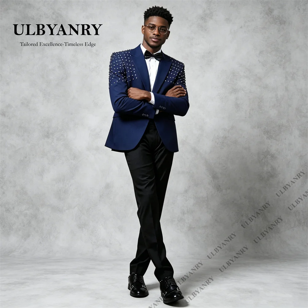 

ULBYANRY Made-to-Order Two Piece Suit Set for Men, Navy Jacket with Crystals and Black Pants, XXS-7XL Wedding Groom Tuxedo