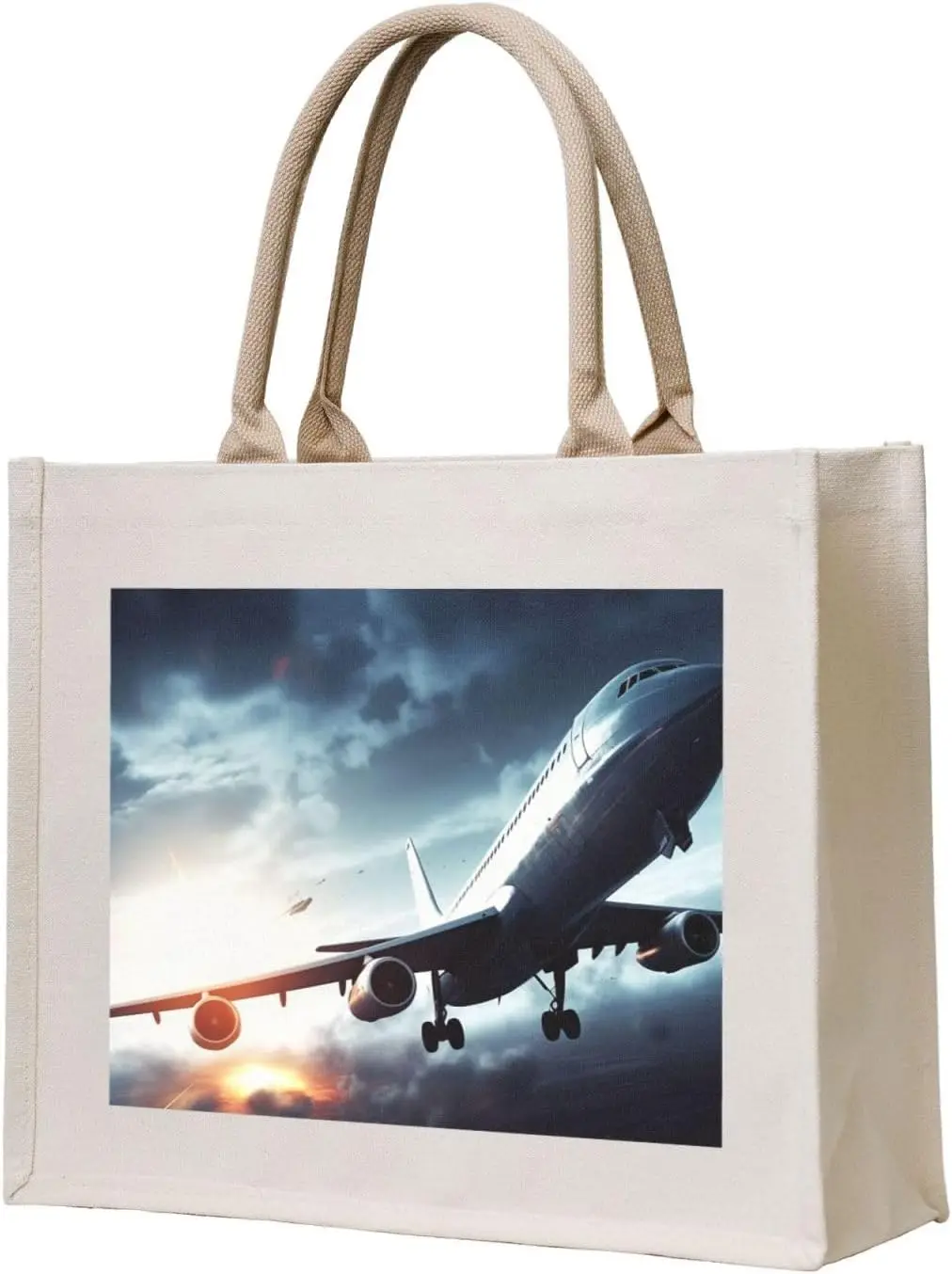 Airplane printed Canvas Carrying Tote Bag Fashion Handbag Shoulder Shopping Bag