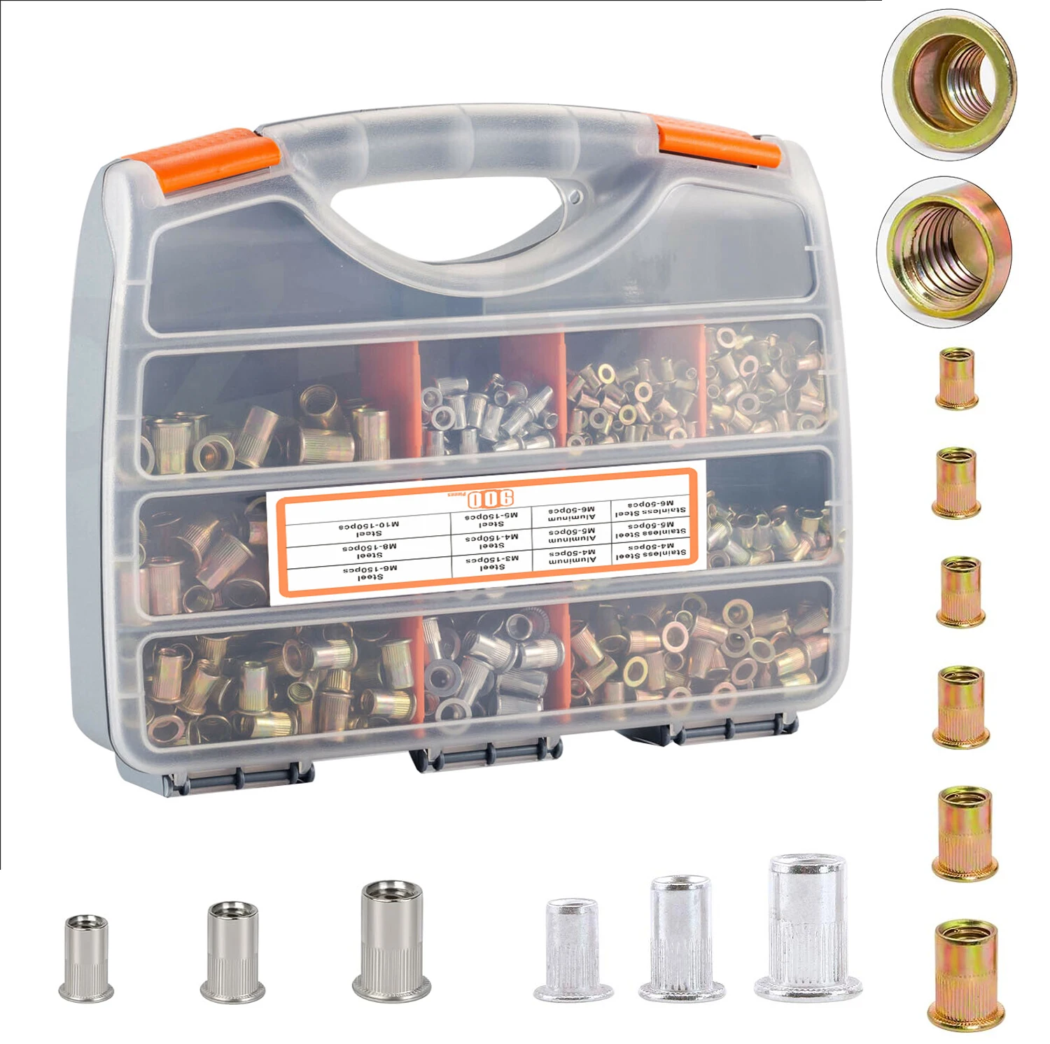 900pcs Rivet Nut Assortment Kit,Stainless Steel Aluminum Alloy Rivet Nuts M3 M4 M5 M6 M8 M10 Flat Head Rivnut Set 3 Material
